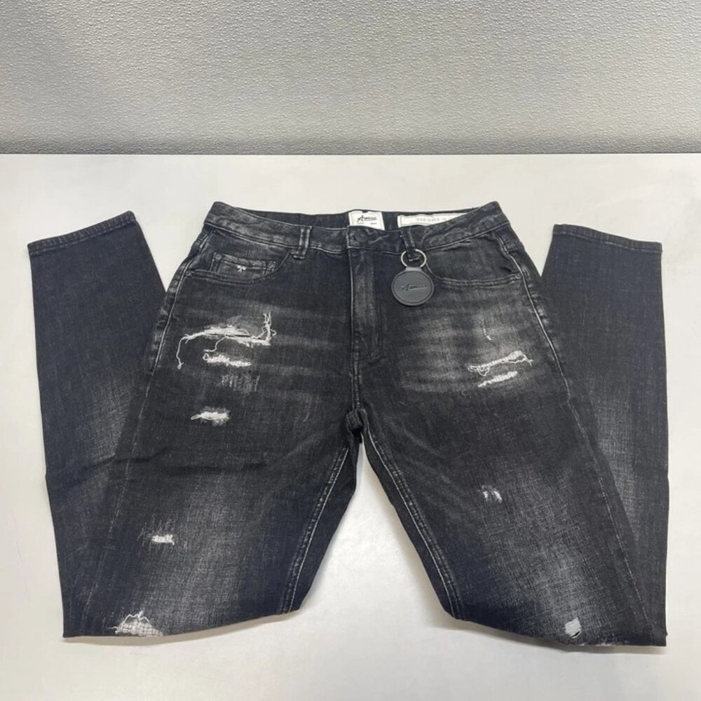 Amicci Men’s Spirito Ripped Skinny Jeans Size 32R – Black Distressed Denim